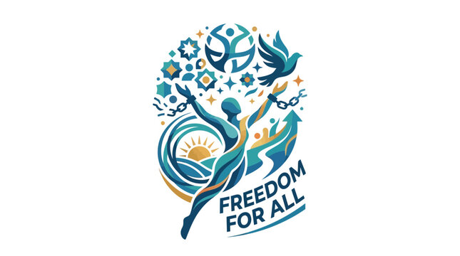Abstract human figure breaking chains for freedom and peace