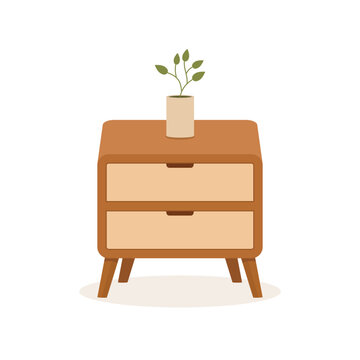 Minimalist bedside table with drawers and small houseplant icon flat design