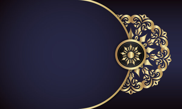 Luxury background with gold mandala pattern on dark blue backdrop for card