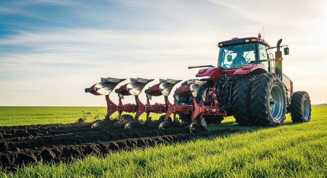 Powerful heavy duty tractor pulls a metal plow through fertile dark soil in a vibrant green field, preparing the land for new spring crops, farming, plow, power