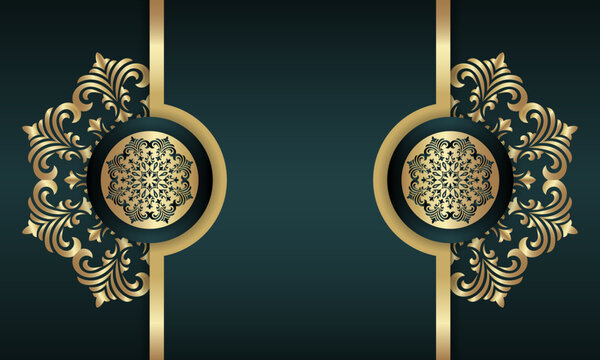 Gold mandala background with luxury dark green elegant frame or template