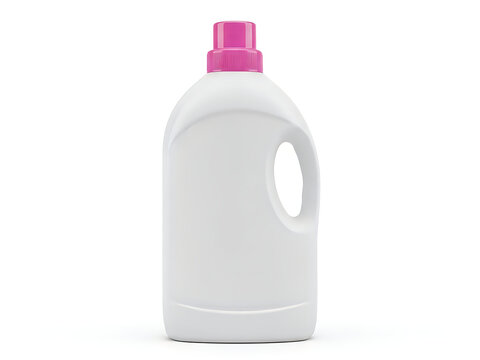 White plastic bottle of laundry detergent with pink cap isolated on white background