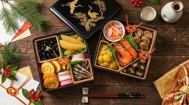 Traditional Japanese Osechi Ryori New Year Food Flat Lay Lacquer Box
