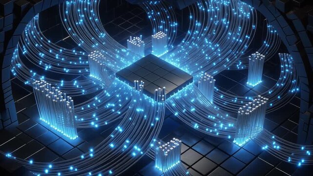 Digital central processing unit with glowing fiber optic cables transmitting fast data in motion video animation