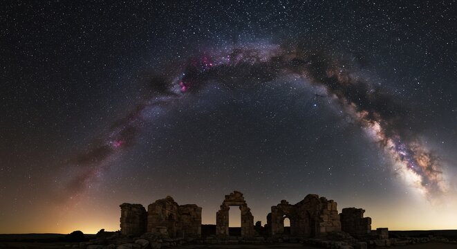 無限の星々が鮮やかに瞬く漆黒の夜空を雄大な天の川銀河が光輝く帯となり壮大なアーチを描き広がる古代遺跡の荒々しいシルエットが地平線に静かに佇む幻想的で息をのむような歴史と宇宙の神秘が交錯する感動的な星景写真. AI Generated