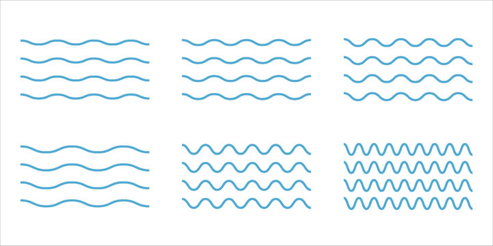 Sea wave icon set. Set of thin line waves. Various wave water lake river. Water logo, line ocean symbol in vector flat style. Seamless abstract line pattern. Water outline symbol. Sea and Ocean signs