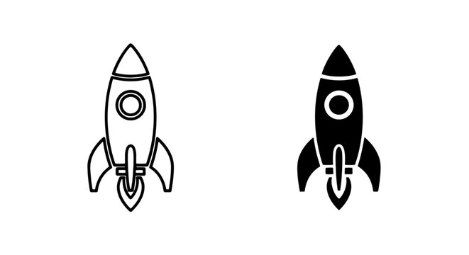 Outline and solid rocket ship launch icon with flames for progress