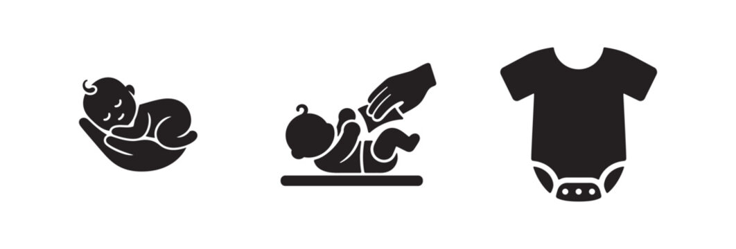 Set of black baby care icons featuring newborn sleeping in hand diaper changing and infant bodysuit.