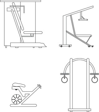 Technical CAD drawings of gym equipment showing a weight bench, decline bench, stationary bike, and pull-up tower in black outline on white.