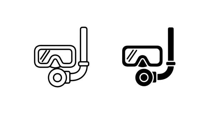 Scuba diving mask and snorkel icon set outline and solid vector