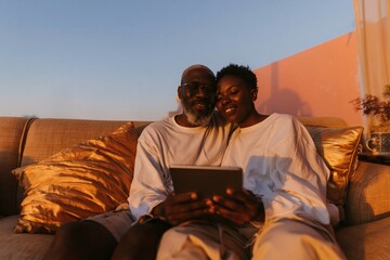 Obraz premium Couple sitting on a sofa using a digital tablet at sunset, glowing golden light on a warm terrace for home technology and leisure visuals