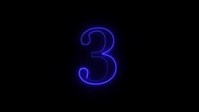 Blue neon number 3 on black, animated graphic, countdown timer, modern digital display.