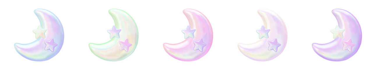 Aurora Pastel Holographic Collection - Moon & Star Set - Transparent 3D PNG Elements © 3Dfun