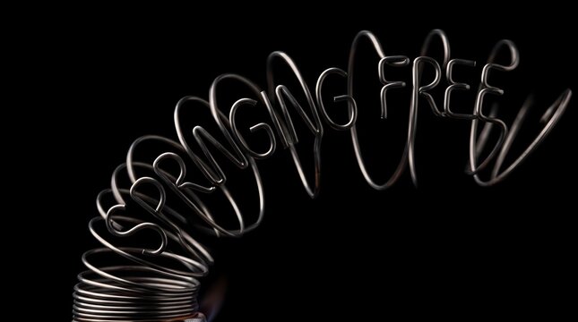 Metallic coil spring spelling out the words springing free in a conceptual typography art style against a black background