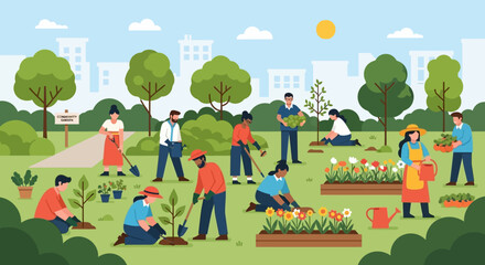 Fototapeta premium Diverse group of people volunteering in a community garden, planting trees and watering flowers in a city park