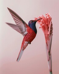 Fototapeta premium Red hummingbird hovering by a pink tropical flower against a soft pastel background for nature and wildlife conservation themes