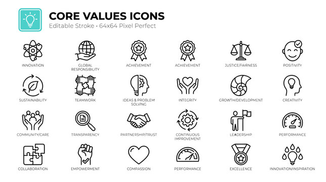 Core Values Icons: A set of line-style business symbols representing teamwork, integrity, accountability, innovation, customer focus, leadership, and ethics for branding and infographics.