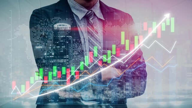 A businessman stands confidently with crossed arms in front of dynamic financial charts and visualizations, symbolizing stock market growth and economic trends. Copula