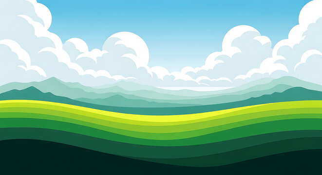 Stylized vector illustration of rolling green hills under fluffy clouds with illustration landscape minimalist background environment peaceful
