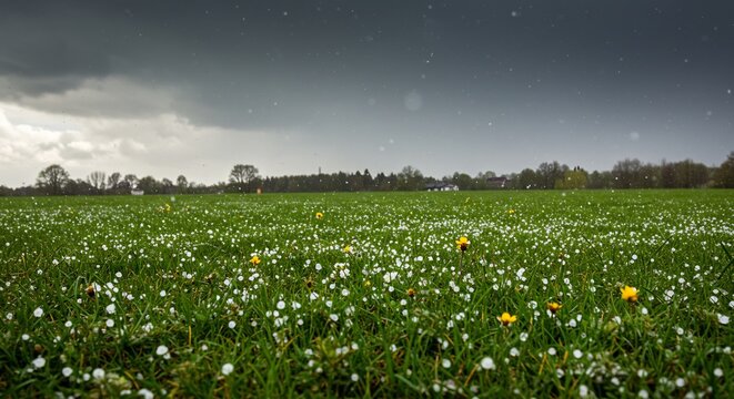 どんよりと重く垂れ込めた嵐の前の空 その下に広がる綿毛のような白い花が咲き乱れる緑豊かな野原 わずかに顔を出す黄色い花が彩りを添え 降り注ぐ微かな光が静寂の中幻想的な美しさを描き出す. AI Generated