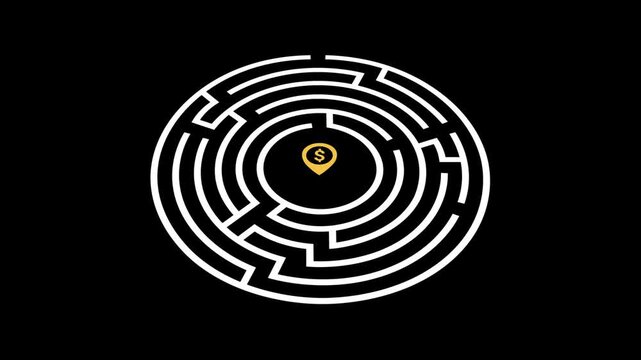 Circular maze animation with a dollar navigation sign in the center, game of chance, business concept, black background, 4K video.