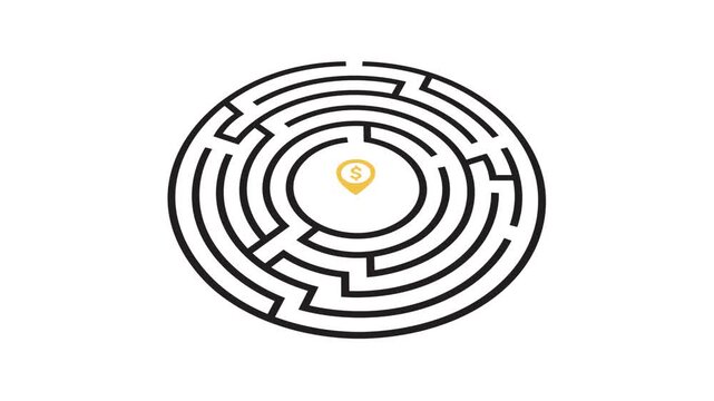 A dollar sign-shaped navigation symbol and a maze concept. A perspective view of a circular maze; a maze concept symbolizing business and investment. 4K video.