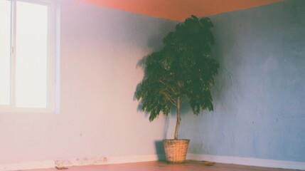 Fototapeta premium Minimalist empty room with a potted tree against a blue plaster wall and warm window light for interior design concepts and copy space