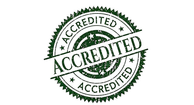 Green distressed circular stamp with the word accredited repeated seal certification approval