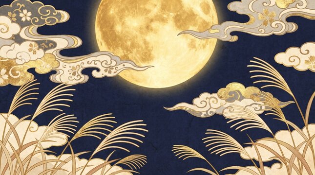 Elegant japanese gold moon with clouds and susuki on navy washi texture traditional tsukimi background