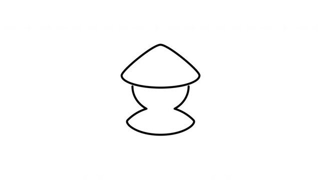 Minimalist outline animation of an asian farmer wearing a traditional conical hat profile avatar icon drawing on and fading out. Features a clean pop up style in 3 color setups.