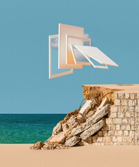 Fototapeta premium Blank floating information panels hover over a collapsed stone seawall and eroded coastline for environmental disaster and climate change reporting