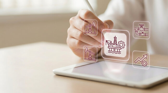 Professional using a tablet with digital icons of oil rigs, pumpjacks and pipelines representing energy industry management and automation technology.