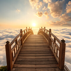 Obraz premium Floating Wooden Bridge Above Soft Clouds at Sunrise Creating Dreamlike Premium Travel Landscape for Commercial Creative Photography Design Projects Worldwide.