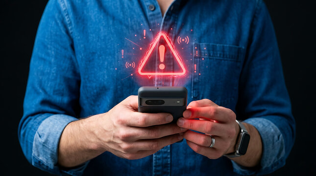 Person holding smartphone with glowing red alert notification symbol mobile