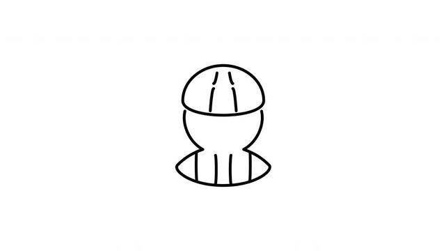 Minimalist outline animation of a construction site worker wearing a safety hard hat helmet icon drawing on and fading out. Features a clean pop up style in 3 color setups.