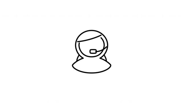 Minimalist outline animation of a female call center operator wearing a headset support agent icon drawing on and fading out. Features a clean pop up style in 3 color setups.