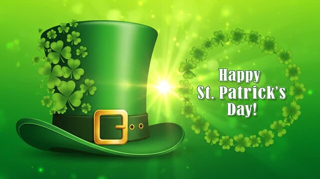 Green leprechaun hat and shamrocks with Happy St. Patrick's Day text on glowing animated background.