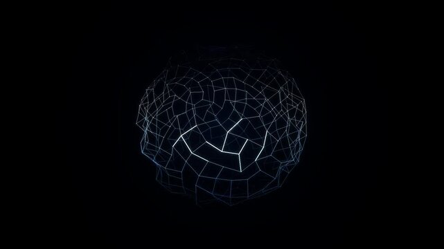 Glowing blue digital sphere rotates with complex data lines forming a geometric network structure against a deep black background environment.