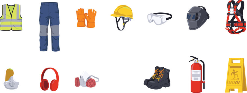 Personal Protective Equipment PPE Vector Icon Set with Construction Safety Helmet Vest Gloves Boots Harness Fire Extinguisher and Welding Mask