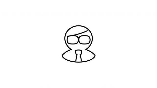 Minimalist outline animation of a smart nerd geek guy wearing large spectacles round glasses icon drawing on and fading out. Features a clean pop up style in 3 color setups.
