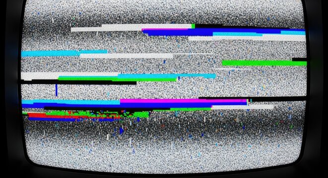A close-up texture of an old television screen displaying flickering analog static, distorted noise patterns, and vibrant digital glitches, black, system, glitchy
