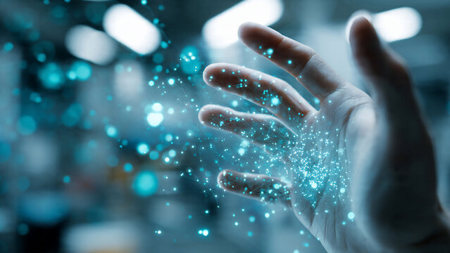 Close-up of a hand interacting with glowing blue digital particles and abstract network connections, perfect for technology concepts, data visualization and futuristic advertising