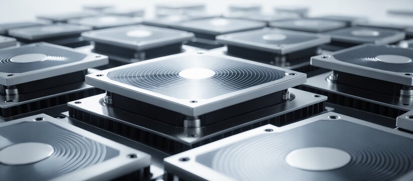 High-tech computer microchip and processor on a geometric grid matrix, artificial intelligence and futuristic technology concept.
