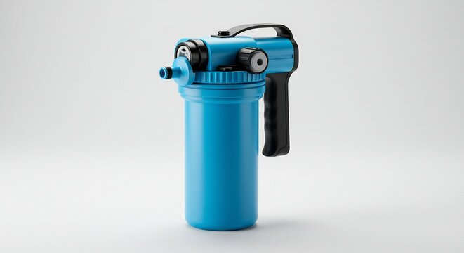 清潔感あふれる青い浄水器が白い空間に佇む澄んだ水を生み出す機能美を映し出すスタジオ撮影. AI Generated