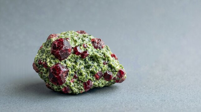 Eclogite rock specimen with red garnet crystals in green omphacite matrix. Geological mineral sample on a gray background