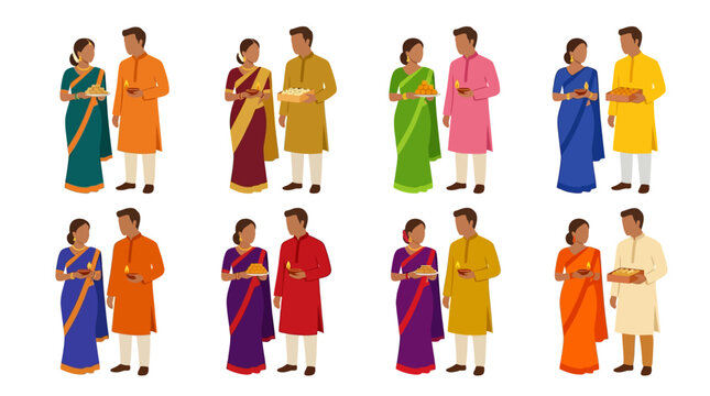 People Wearing Traditional Indian Clothing. Diwali celebration vector illustration