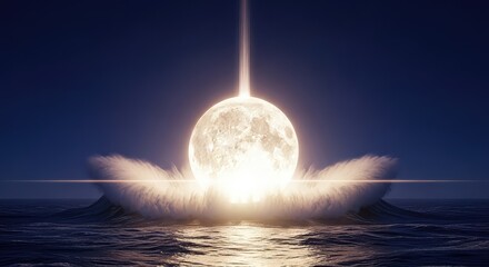 A giant lunar sphere descends from the dark night sky, crashing into the vast ocean surface with massive waves and intense glowing light, element, ocean, impact