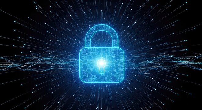 A glowing blue digital padlock suspended in a dark virtual space surrounded by intricate circuit patterns and streaming data connectivity, shield, data, circuit