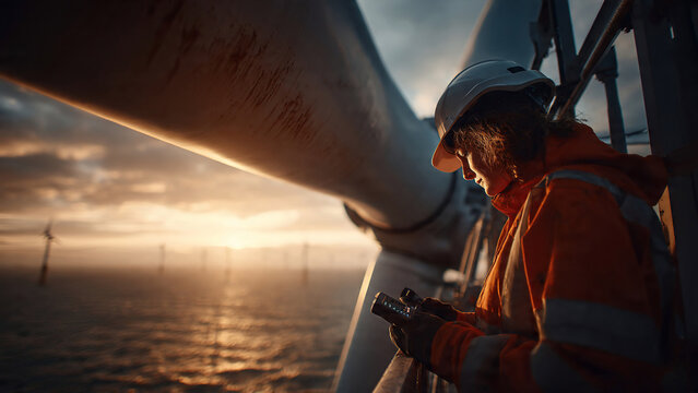 Woman in reflective safety jacket and hard hat checking device near wind turbine blade, sunset ocean view, suitable for renewable energy, industry and corporate advertising