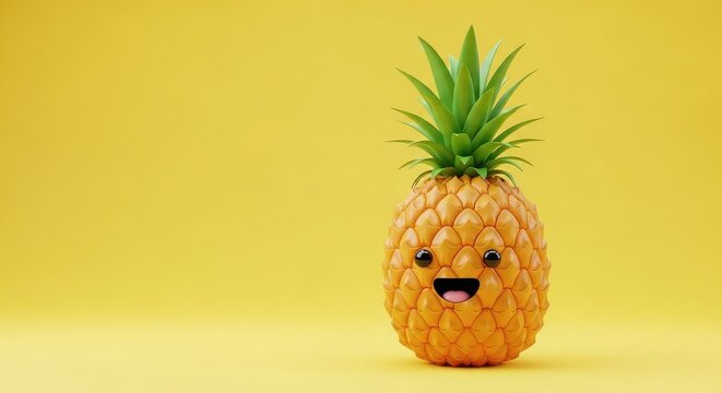 A joyful cartoon pineapple character with a happy smiling face and green leafy crown stands out against a vibrant bright yellow background, green, joyful, vector